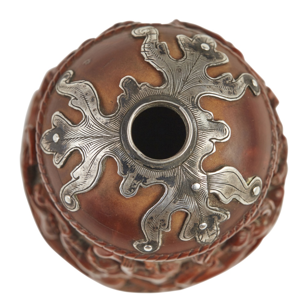 A silver-mounted coquilla nut powder flask, the mounts 17th century of tapering ovoid form, the - Image 2 of 3