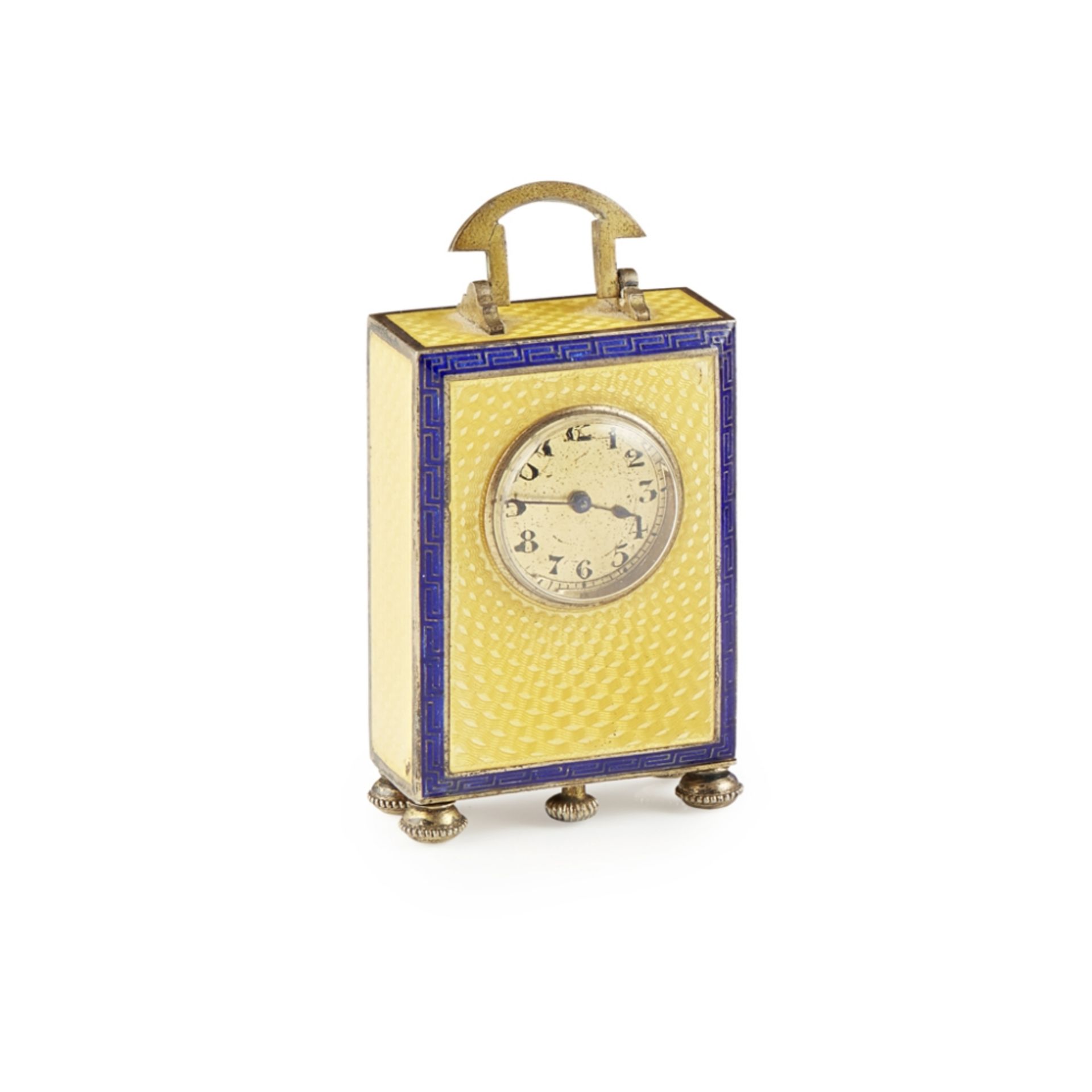 A silver and enamel miniature travel clock case maker's mark only, the rectangular case with small