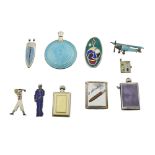 A group of silver and enamel brooches and scent bottles to include; a cigar cutter, unmarked of