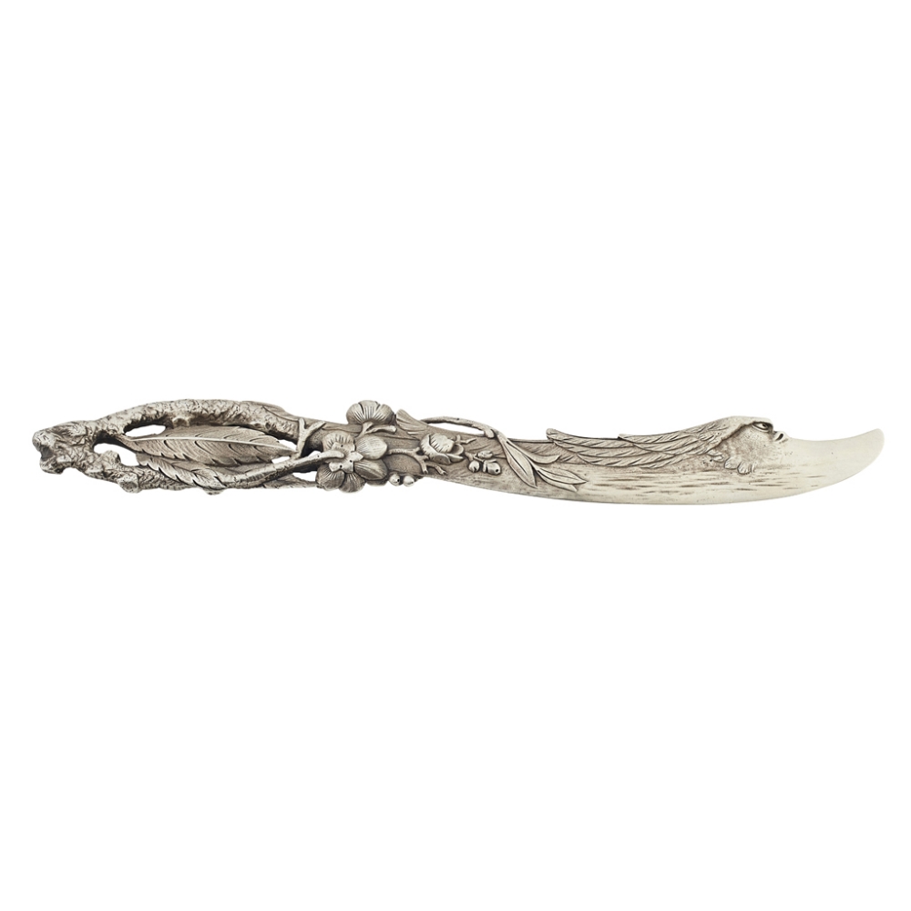 A French cast silver paper knife indistinctly marked, the blade formed as a stylised bird's head, - Image 2 of 2