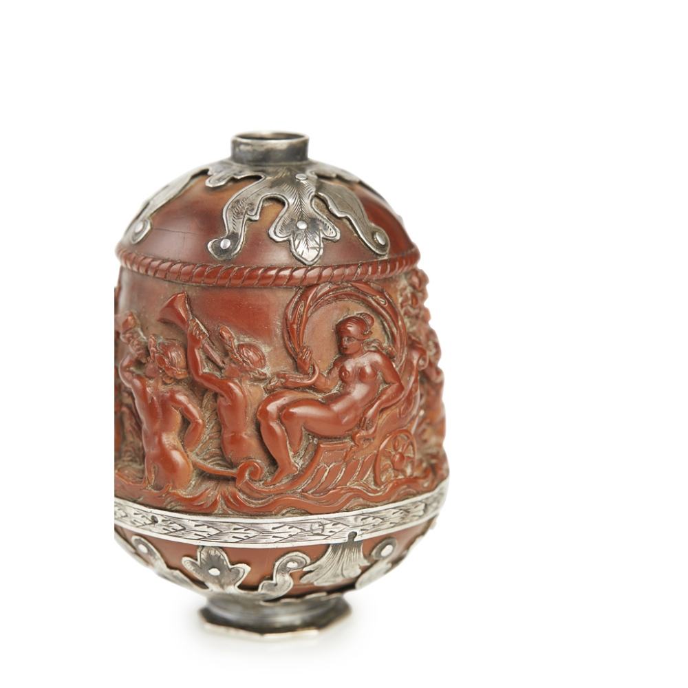 A silver-mounted coquilla nut powder flask, the mounts 17th century of tapering ovoid form, the - Image 3 of 3