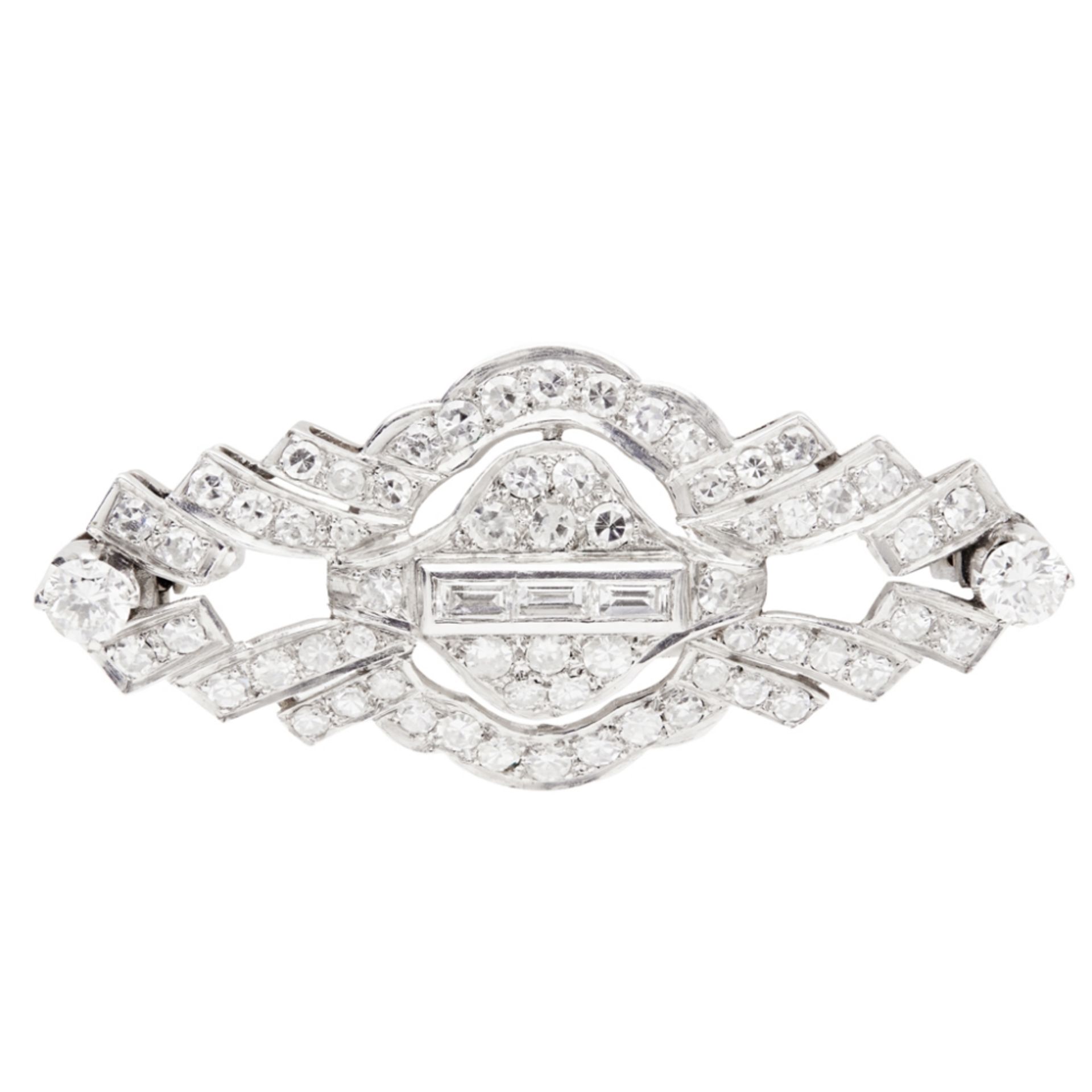 An Art Deco diamond set brooch of open design, set throughout with eight cut diamonds, the centre