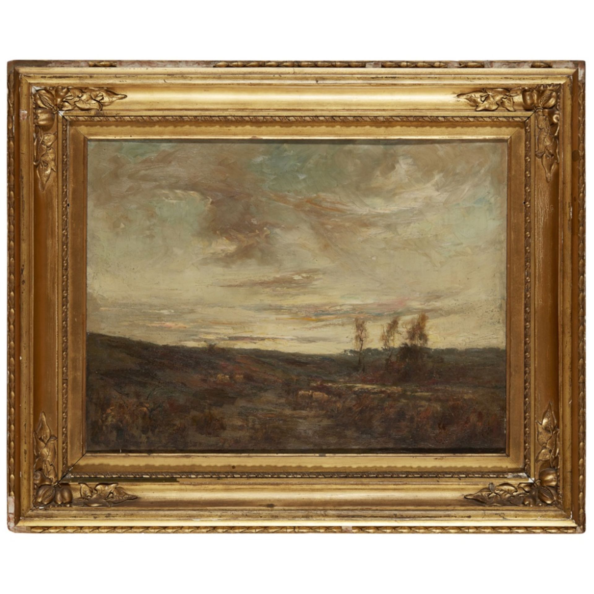 [§] JOHN MACLAUCHLAN MILNE R.S.A. (SCOTTISH 1886-1957)SUNSET OVER MOORLAND Signed, oil on canvas46cm - Image 2 of 2