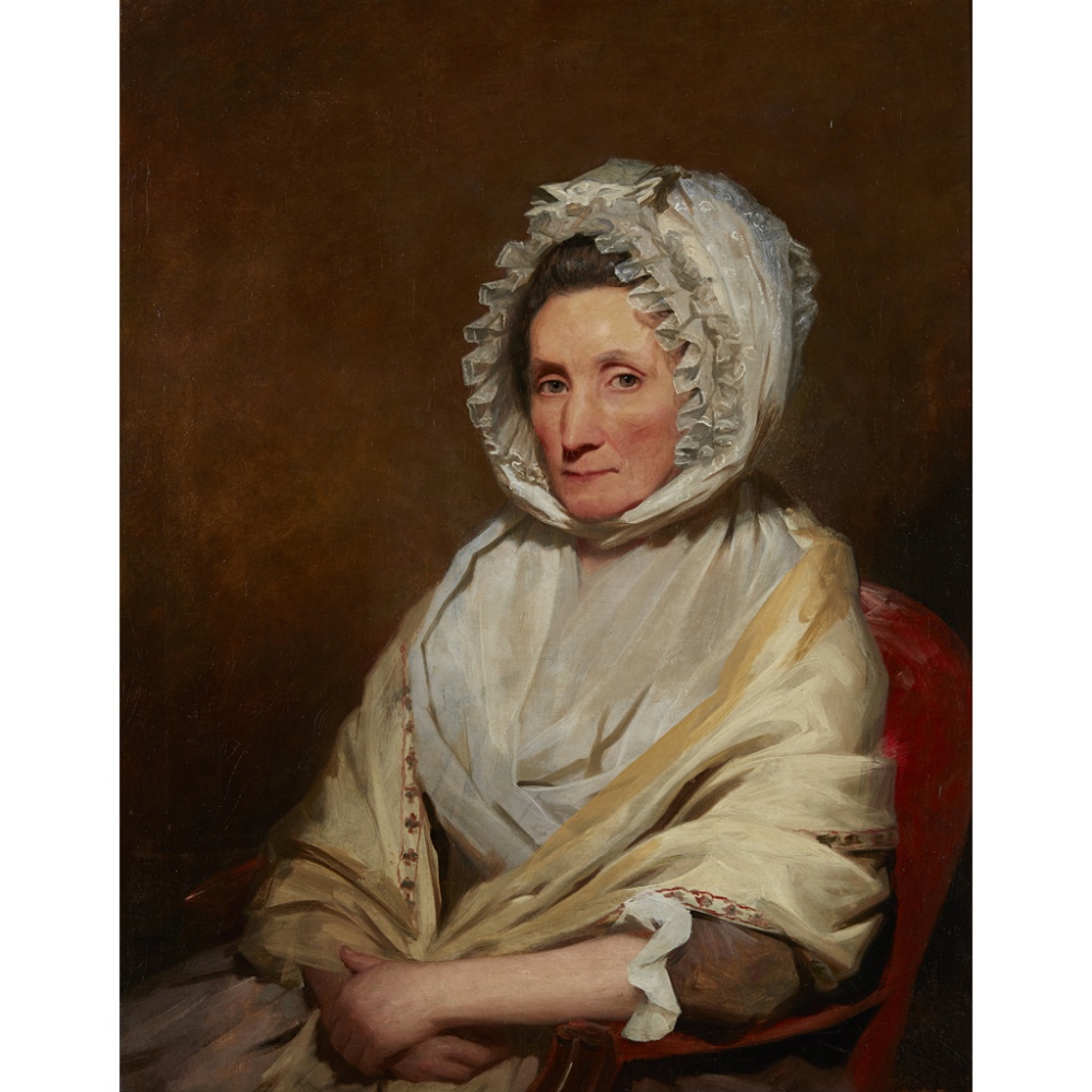 SIR HENRY RAEBURN R.A. (SCOTTISH 1756-1823)HALF-LENGTH PORTRAIT OF A LADY IN LACE BONNET Oil on