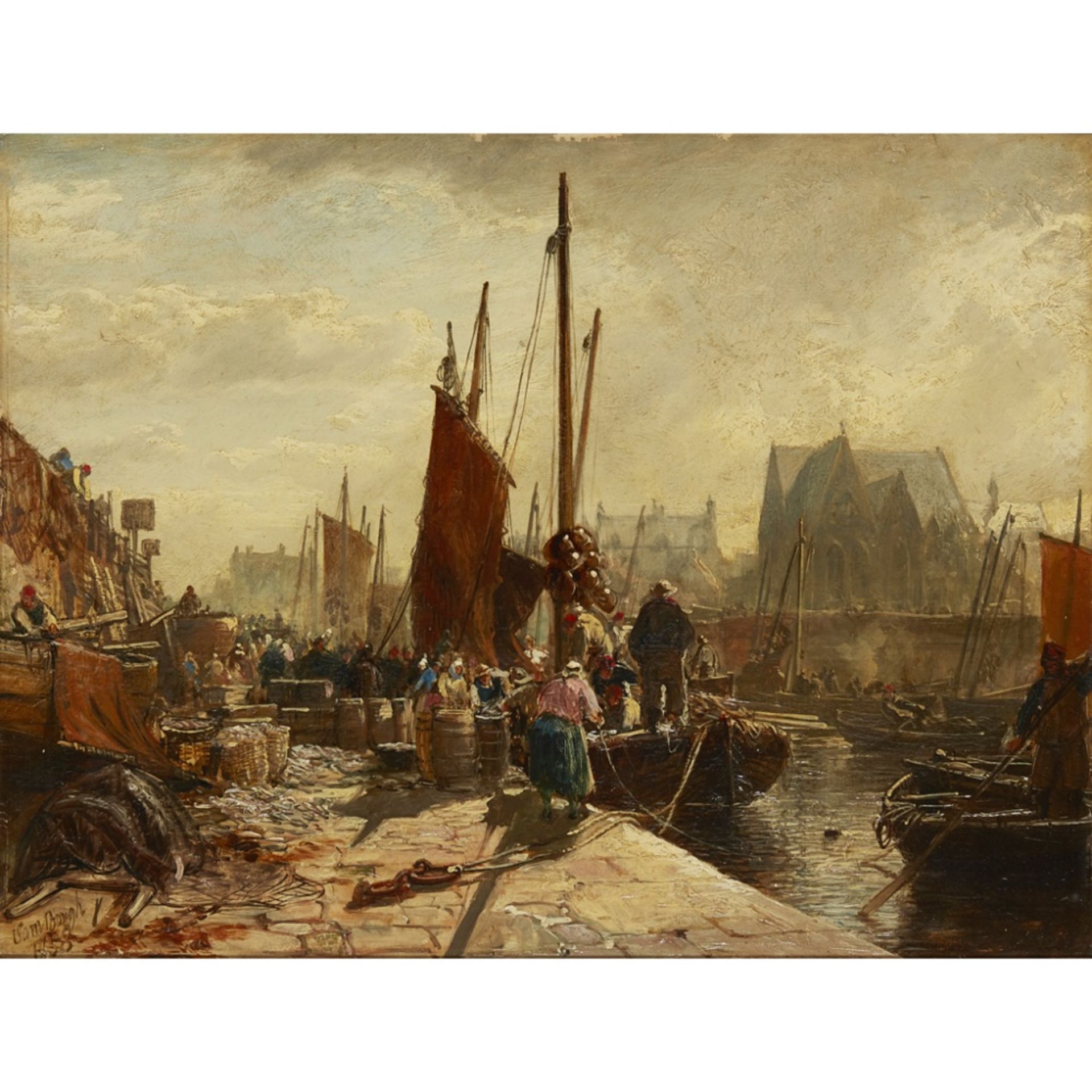 SAM BOUGH R.S.A. (SCOTTISH 1822-1878)A BUSY QUAYSIDE, NEWHAVEN Signed and dated 1858, oil on