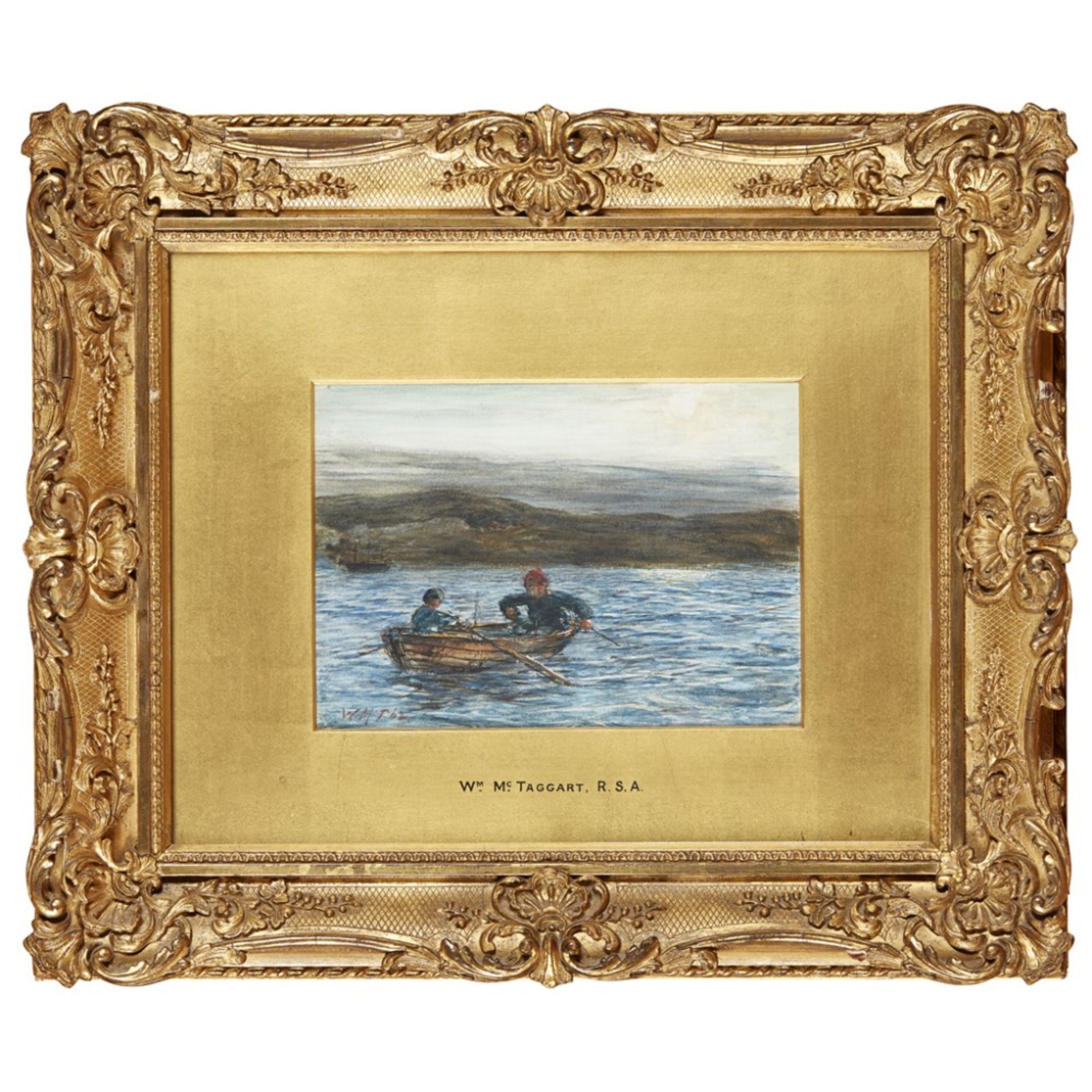 WILLIAM MCTAGGART R.S.A., R.S.W. (SCOTTISH 1835-1910)FISHING FROM A ROWING BOAT, DUSK Signed with - Image 2 of 2