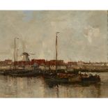 WILLIAM ALFRED GIBSON (SCOTTISH 1866-1931)MOORED BARGES BY A CANALSIDE TOWN Signed, oil on