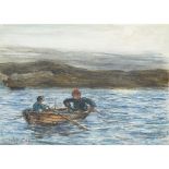 WILLIAM MCTAGGART R.S.A., R.S.W. (SCOTTISH 1835-1910)FISHING FROM A ROWING BOAT, DUSK Signed with