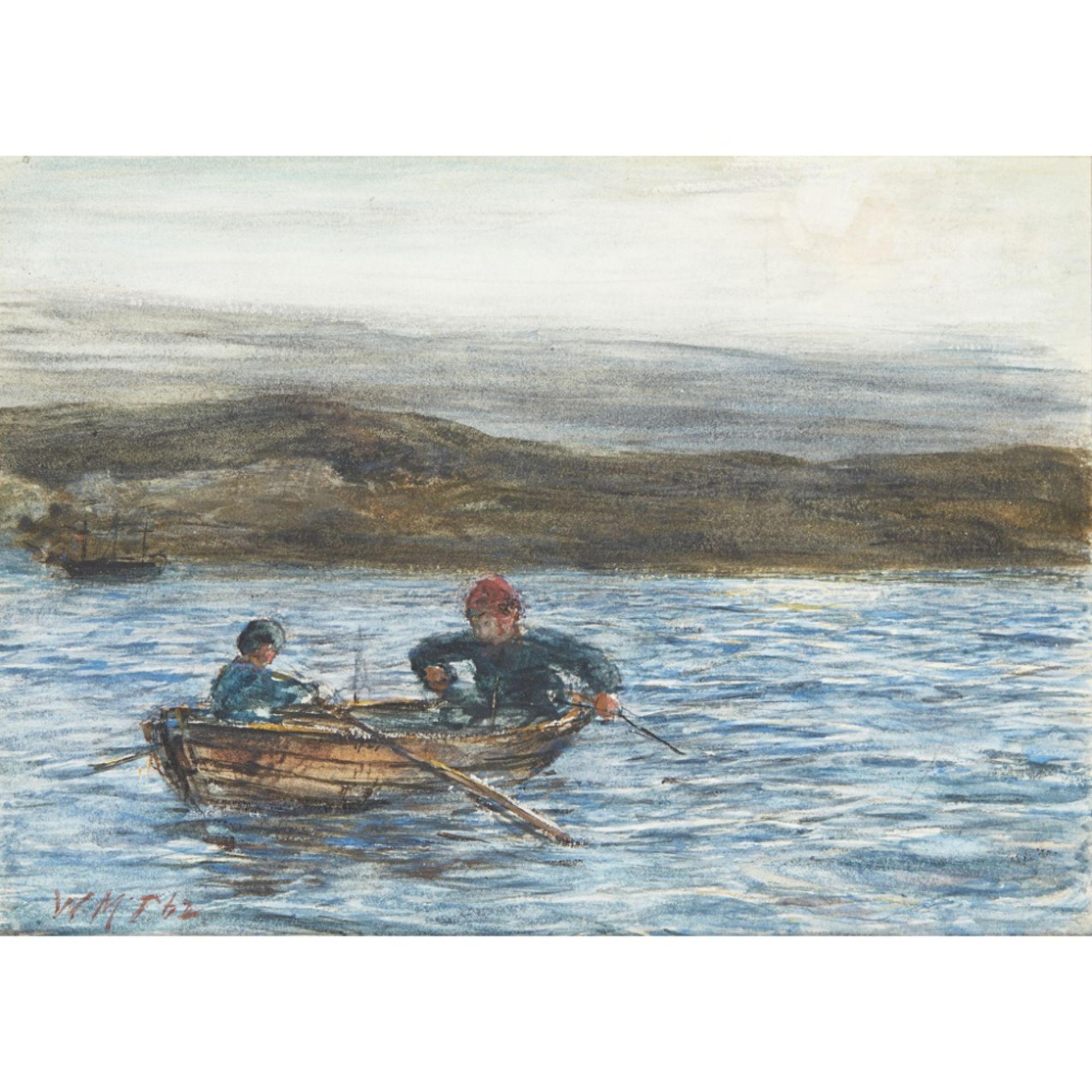 WILLIAM MCTAGGART R.S.A., R.S.W. (SCOTTISH 1835-1910)FISHING FROM A ROWING BOAT, DUSK Signed with