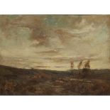 [§] JOHN MACLAUCHLAN MILNE R.S.A. (SCOTTISH 1886-1957)SUNSET OVER MOORLAND Signed, oil on canvas46cm