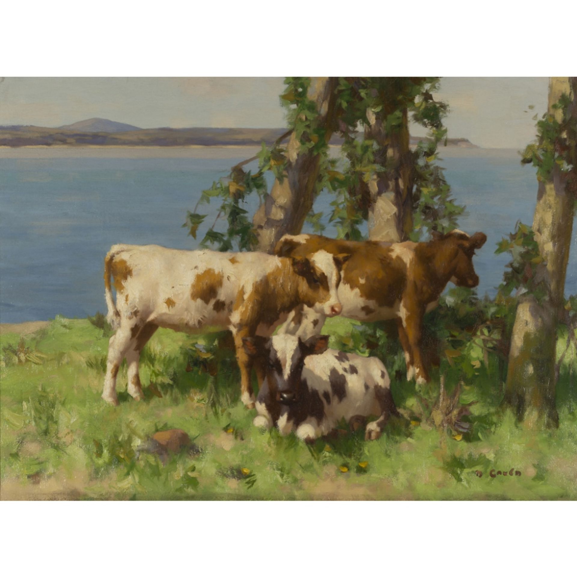 DAVID GAULD R.S.A. (SCOTTISH 1865-1936)CALVES BY THE SOLWAY Signed, oil on canvas76cm x 101.5cm ( - Image 2 of 2