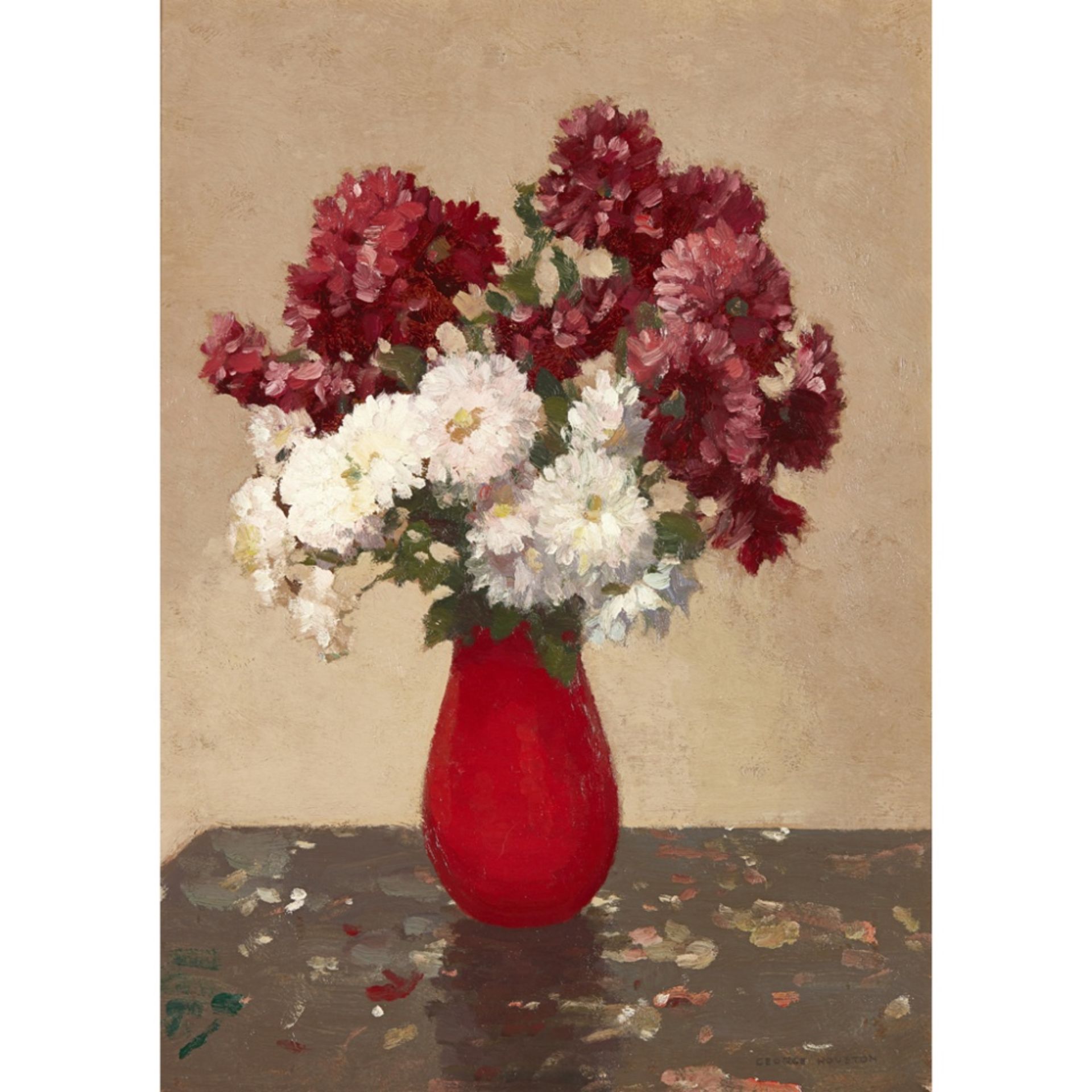 GEORGE HOUSTON R.S.A., R.S.W., R.I. (SCOTTISH 1869-1947)STILL LIFE IN A RED VASE Signed, oil on