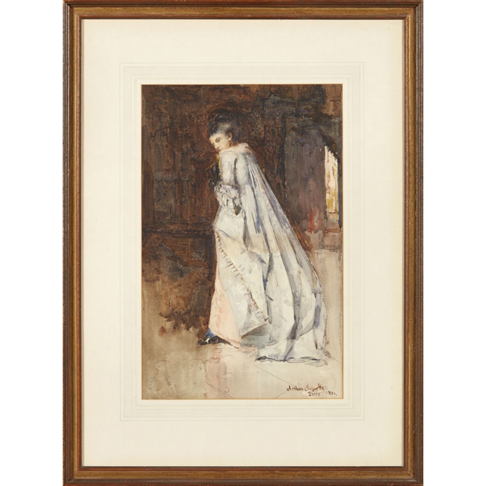 ARTHUR MELVILLE A.R.S.A., R.S.W., A.R.S. (SCOTTISH 1855-1904)WOMAN IN WHITE Signed, inscribed and - Image 2 of 2
