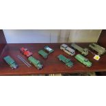 Dinky Toys post war: green 25a wagon, green 25d Petrol Tank Wagon, two green 25g Trailers, light