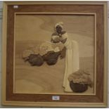 A good modern wood carving in relief study of a native fruit seller, mounted on board and