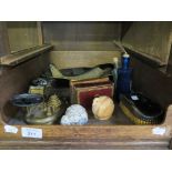 A set of brass postal scales with banded agate pans, a shell form lacquered bowl and other