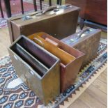 Two leather suitcases, two magazine racks, kitchen scales and a rug