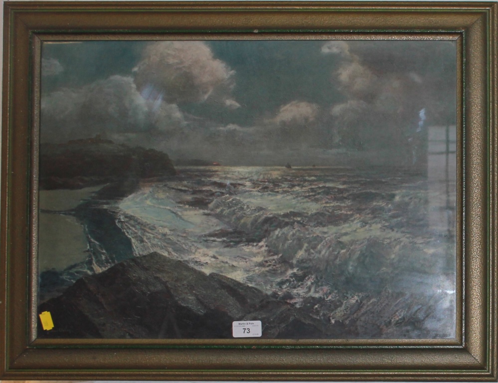 After Julius Olsson Stormy coastline under moonlight skies lithograph 40 x 55cm