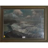 After Julius Olsson Stormy coastline under moonlight skies lithograph 40 x 55cm