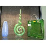 A green glass vase in the form of a bag, possibly Murano 27cm high, a Caithness vase and a glass