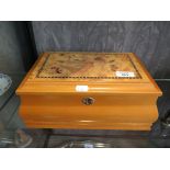 A floral inlaid top timber jewellery box with mirror interior to lid