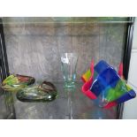 Two Murano glass tricolore triangular ashtrays, a Murano glass vase and two other vases