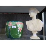 An Eichwald jardiniere pot, of green and pink Art Nouveau design, 16cm high and a resin bust of