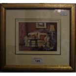 Pamela Davis, SWA a good miniature interior study 'Tea, Book and a Comfy Seat' 9cm x 12cm