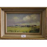 Geoffery Chatten Belton Marshes, cattle with windmill beyond Oil on panel, signed, inscribed verso
