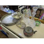 A pair of silver plated oval trays 45cm diameter, a plated pot pourri bowl, cut glass decanter and