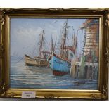 Florence Fishing boats moored in harbour Oil on canvas Signed (possibly Florence Wilkins Furst) 20cm