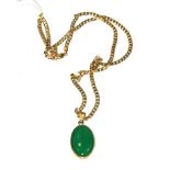 A 9 carat gold flat link neck chain set with a cabachon jade pendant