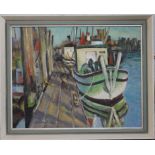 J.V. Scrivener Moored fishing boats Oil on board, signed 19cm x 24cm