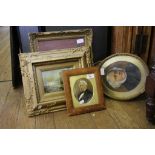 Three Victorian portraits of gentlemen, a Dutch style painting on board of a winter scene and a