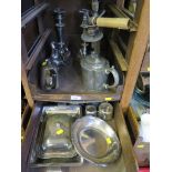 A pair of plated candlesticks, water jug, etc. (two trays)
