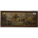 19th century British School Fishing on a Bridge by a weir Watercolour,Unsigned 17cm x 45cm