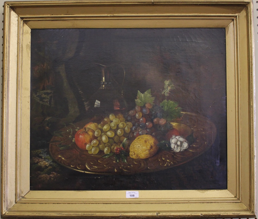 G. Fisher Still life of fruit and carafe on a plate Oil on canvas, signed 50cm x 60cm