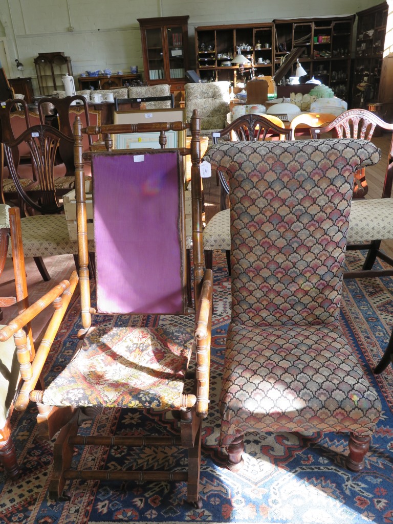 A Victorian Prie Dieu chair, with turned legs and an American rocking chair (2)