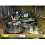 A collection of silver plate to include trays, tea pot, water jug, etc