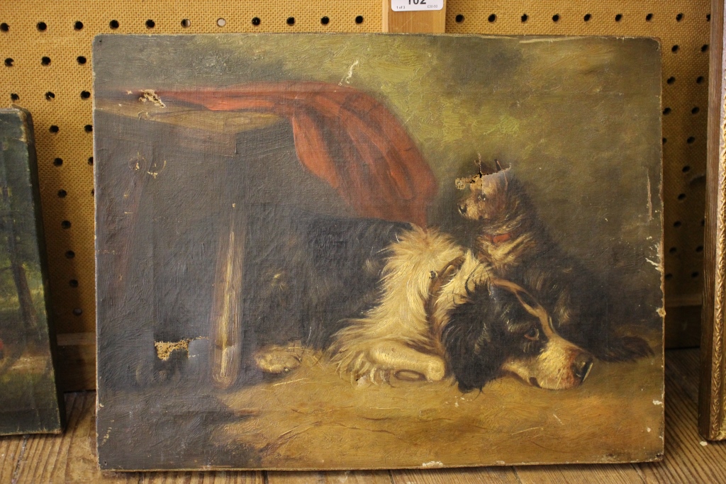 19th century British School Two dogs at rest Oil on canvas, unsigned and unframed 31cm x 41cm And