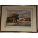 Dorothy Livermore 'On the Downs, Sussex' Sheep grazing in an extensive landscape Watercolour 25cm