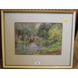 Fred Disey Figures on a red stone bridge Watercolour, signed 24cm x 35cm