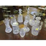A 19th century glass decanter, four other glass decanters and various vases, jugs and tankards