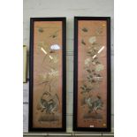 A pair of Chinese silk panels, embroidered with birds, flowers and butterflies, 119cm x 32cm