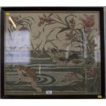 A silk panel depicting ducks and dragonflies at a pond, 53cm x 61cm