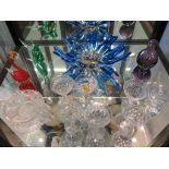 A blue glass splash form bowl, a Caithness glass vase, three glass bird ornaments, a pressed glass