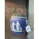 A Wedgwood jasper ware biscuit barrel with plated mounts