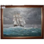 G.E. Brashier Winter scene and ships in a stormy sea - a pair oils on board, signed 29cm x 35cm (2)