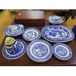 Various Old Willow pattern plates, two matching tureens and covers, Royal Doulton jug and other blue