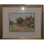 A. Rawlings A roadside chat outside the pub Watercolour 17cm x 24cm